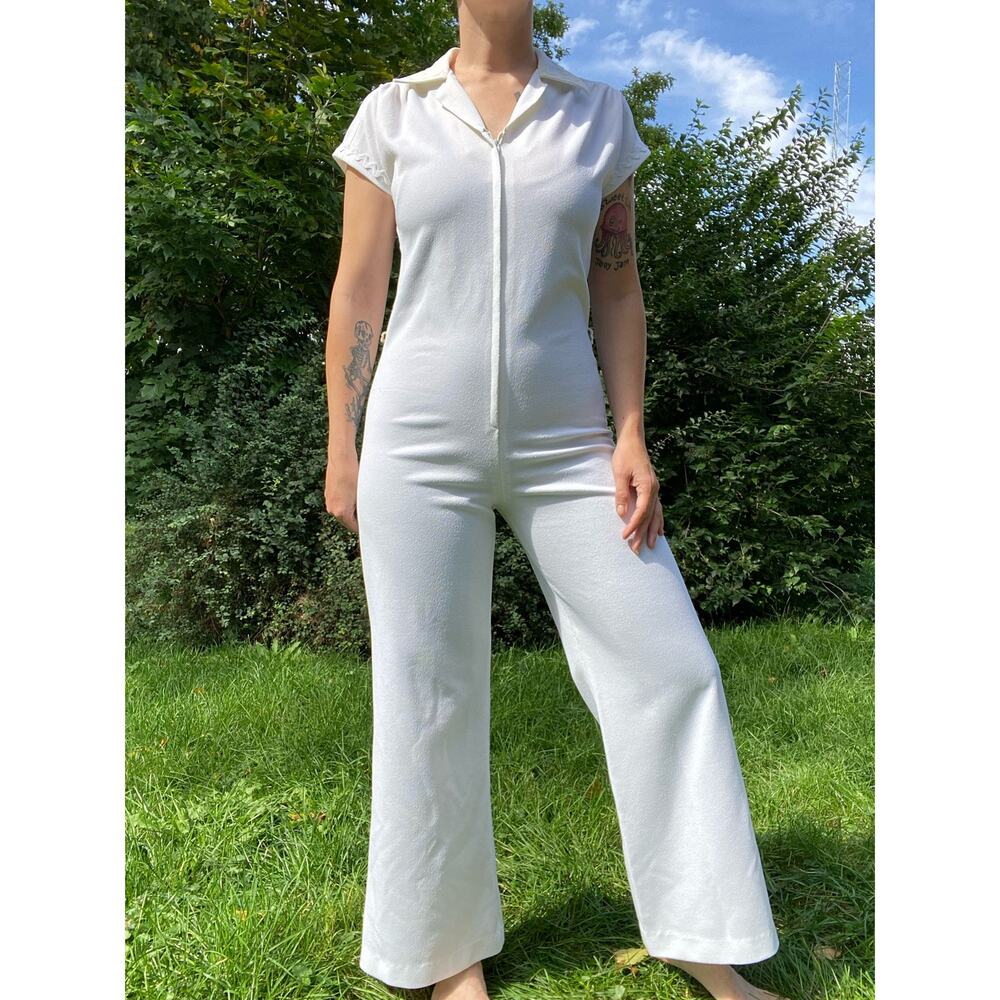 Size S-L//vintage 70s White Polyester Wide Leg Jumpsuit